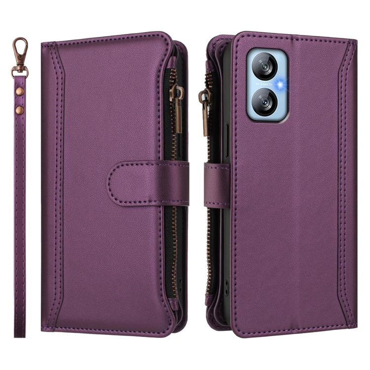 For Blackview A52 / A52 Pro Magnetic Closure 9 Card Slots Zipper Leather Case with Hand Strap