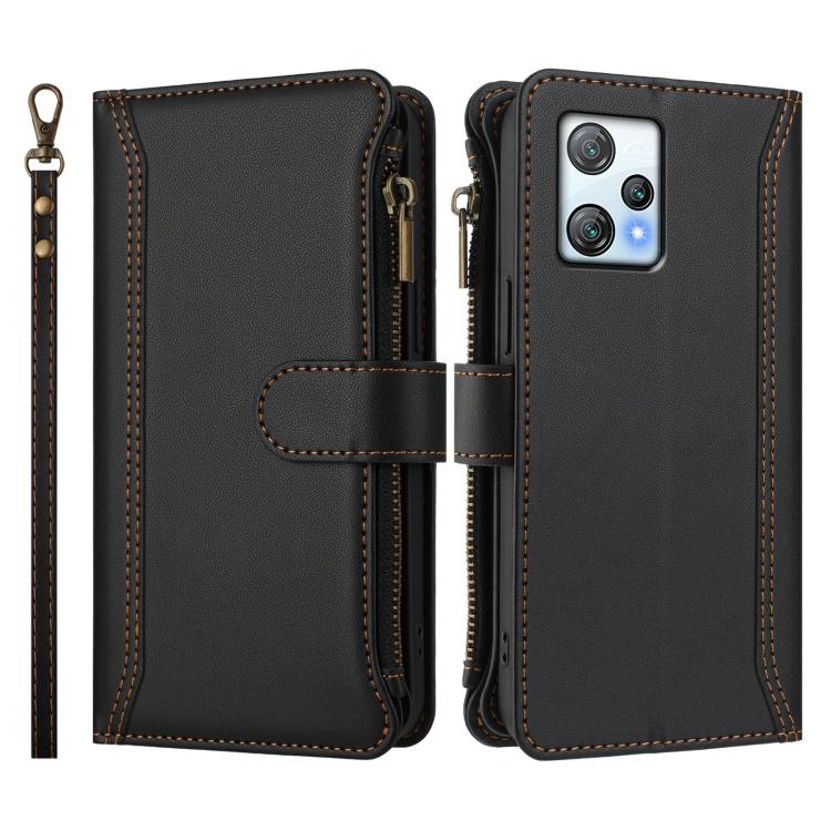 For Blackview A53 Magnetic Closure 9 Card Slots Zipper Leather Case with Hand Strap