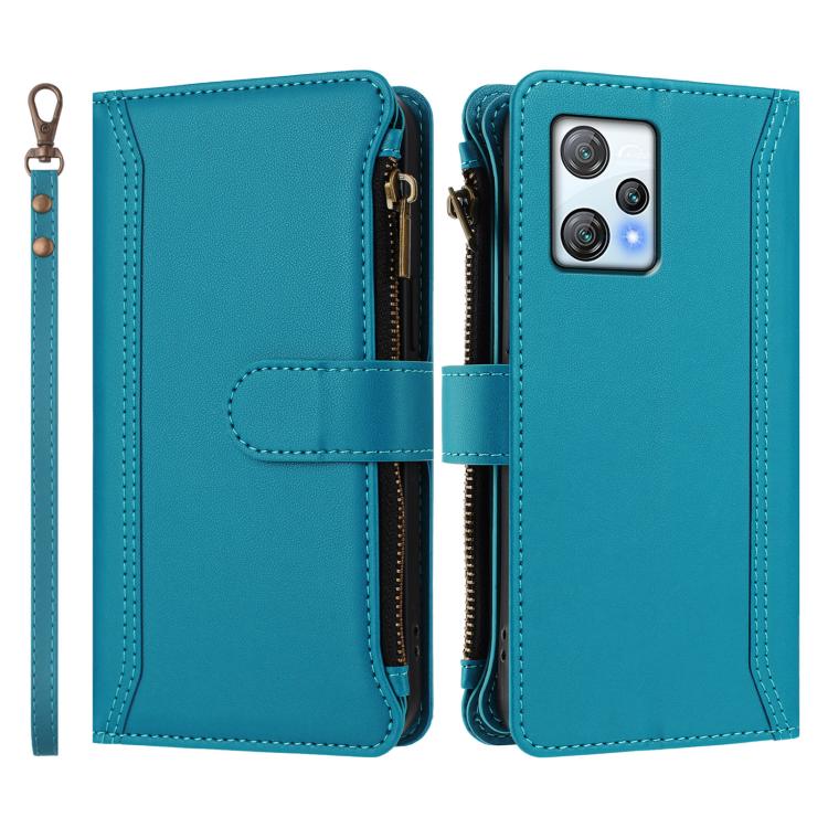For Blackview A53 Magnetic Closure 9 Card Slots Zipper Leather Case with Hand Strap
