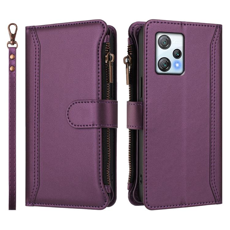 For Blackview A53 Magnetic Closure 9 Card Slots Zipper Leather Case with Hand Strap