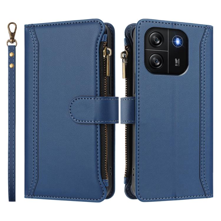 For Blackview Wave 6C Magnetic Closure 9 Card Slots Zipper Leather Case with Hand Strap