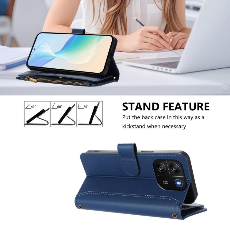For Blackview Wave 6C Magnetic Closure 9 Card Slots Zipper Leather Case with Hand Strap