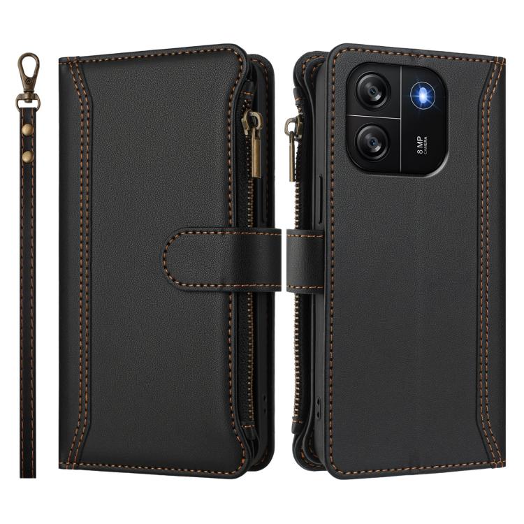 For Blackview Wave 6C Magnetic Closure 9 Card Slots Zipper Leather Case with Hand Strap