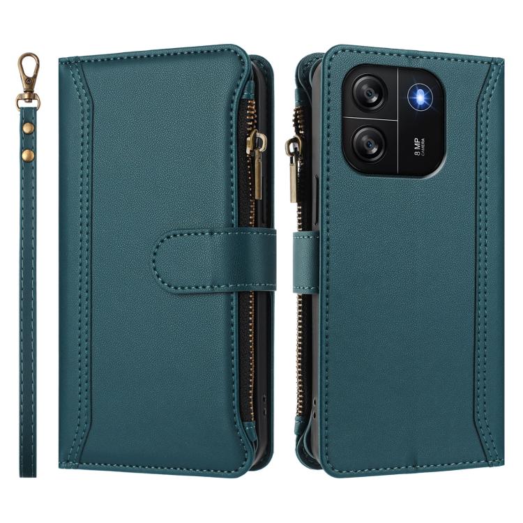 For Blackview Wave 6C Magnetic Closure 9 Card Slots Zipper Leather Case with Hand Strap