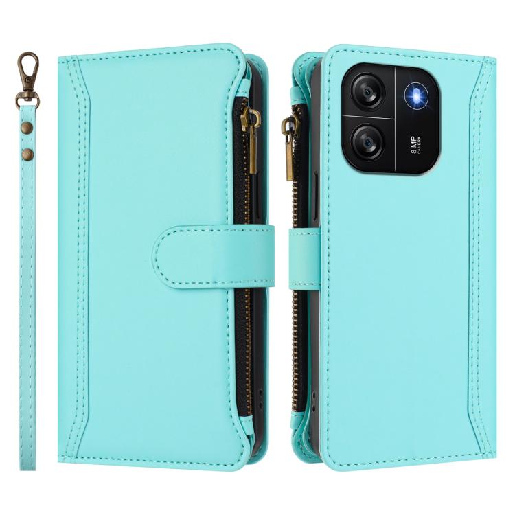 For Blackview Wave 6C Magnetic Closure 9 Card Slots Zipper Leather Case with Hand Strap
