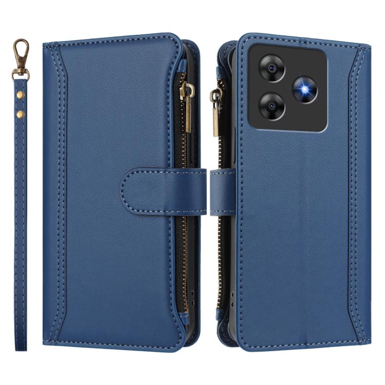For Blackview Wave 8C / 8 / Oscal Flat 2 Magnetic Closure 9 Card Slots Zipper Leather Case with Hand Strap