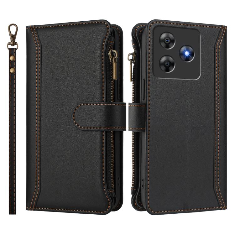 For Blackview Wave 8C / 8 / Oscal Flat 2 Magnetic Closure 9 Card Slots Zipper Leather Case with Hand Strap