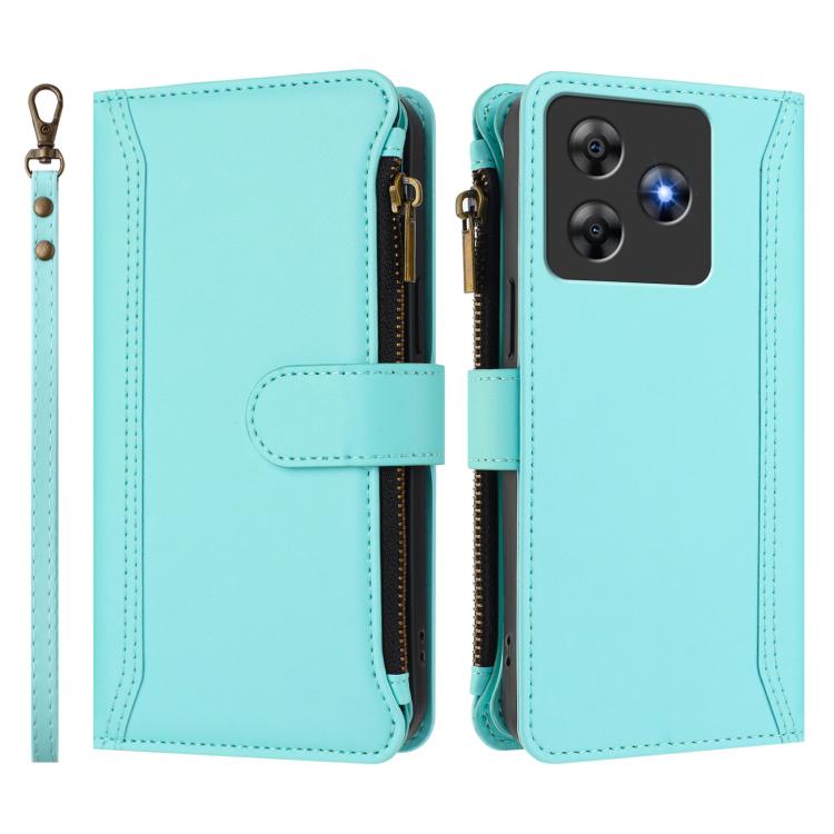 For Blackview Wave 8C / 8 / Oscal Flat 2 Magnetic Closure 9 Card Slots Zipper Leather Case with Hand Strap
