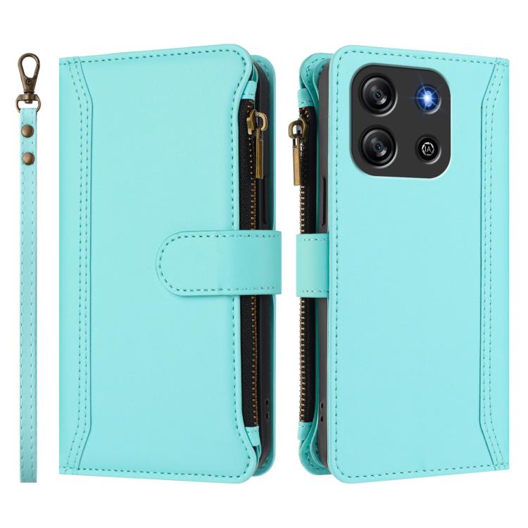 For Blackview Oscal Flat 1C Magnetic Closure 9 Card Slots Zipper Leather Case with Hand Strap