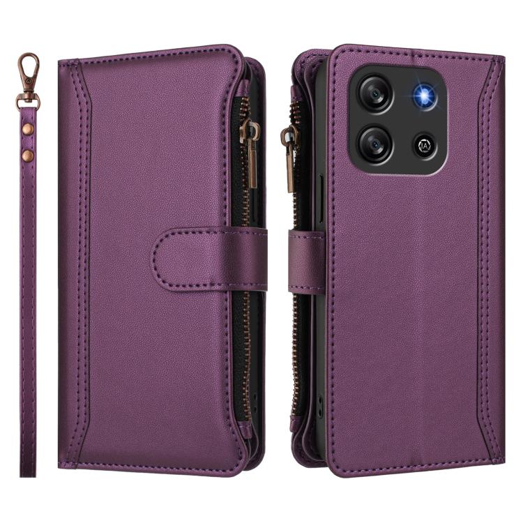For Blackview Oscal Flat 1C Magnetic Closure 9 Card Slots Zipper Leather Case with Hand Strap