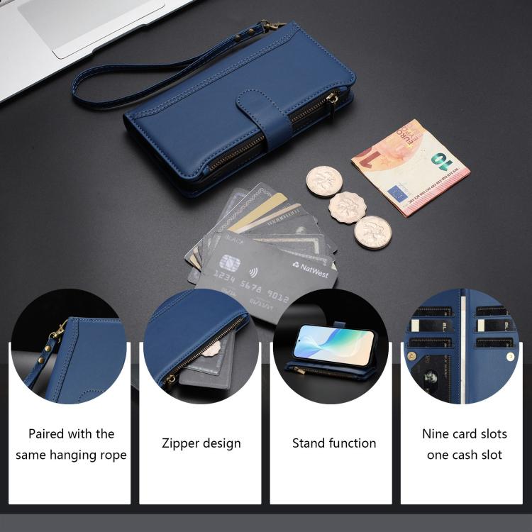 For Blackview Shark 6 Magnetic Closure 9 Card Slots Zipper Leather Case with Hand Strap