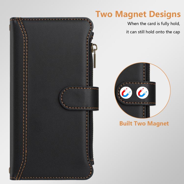 For Blackview Shark 6 Magnetic Closure 9 Card Slots Zipper Leather Case with Hand Strap