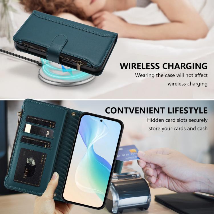 For Blackview Shark 6 Magnetic Closure 9 Card Slots Zipper Leather Case with Hand Strap