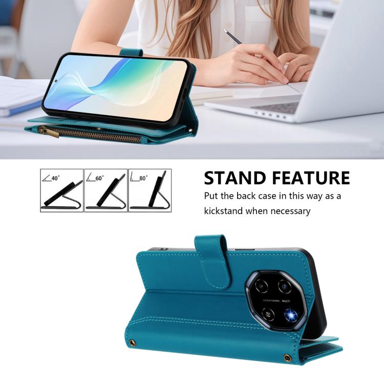 For Blackview Shark 6 Magnetic Closure 9 Card Slots Zipper Leather Case with Hand Strap