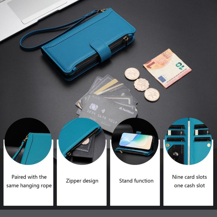 For Blackview Shark 6 Magnetic Closure 9 Card Slots Zipper Leather Case with Hand Strap
