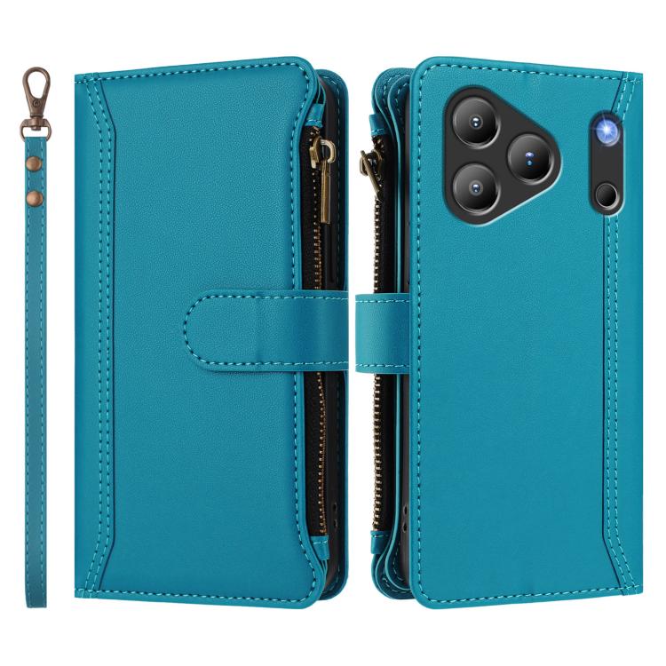 For Blackview Wave 7C Magnetic Closure 9 Card Slots Zipper Leather Case with Hand Strap