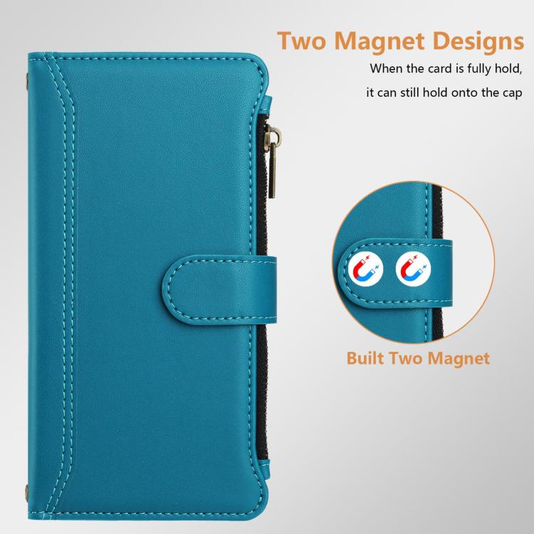 For Blackview Wave 7C Magnetic Closure 9 Card Slots Zipper Leather Case with Hand Strap
