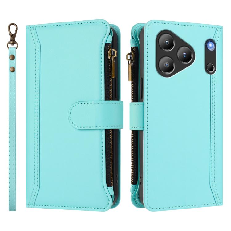 For Blackview Wave 7C Magnetic Closure 9 Card Slots Zipper Leather Case with Hand Strap