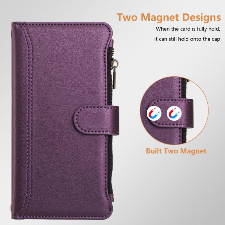 For Blackview Wave 7C Magnetic Closure 9 Card Slots Zipper Leather Case with Hand Strap