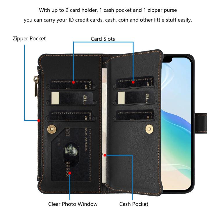 For Blackview Wave 10 Magnetic Closure 9 Card Slots Zipper Leather Case with Hand Strap