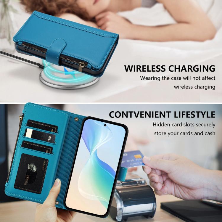 For Blackview Wave 10 Magnetic Closure 9 Card Slots Zipper Leather Case with Hand Strap