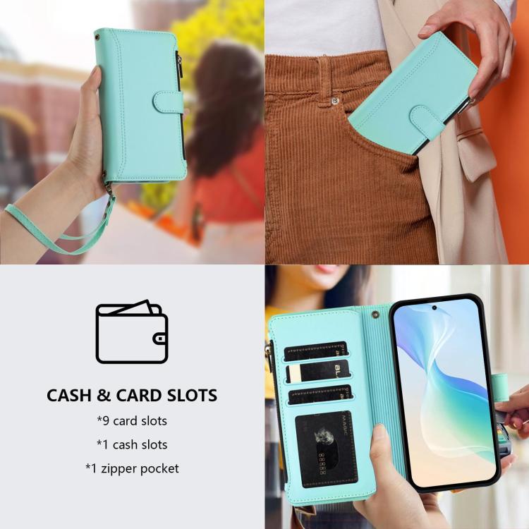 For Blackview Wave 10 Magnetic Closure 9 Card Slots Zipper Leather Case with Hand Strap