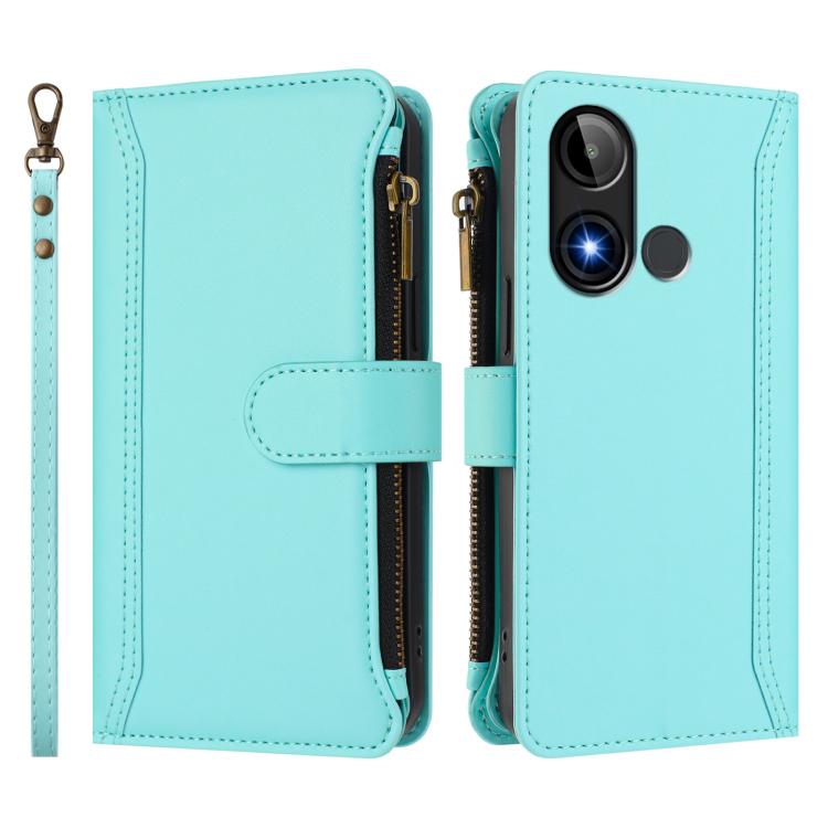 For BLU C9 Magnetic Closure 9 Card Slots Zipper Leather Case with Hand Strap