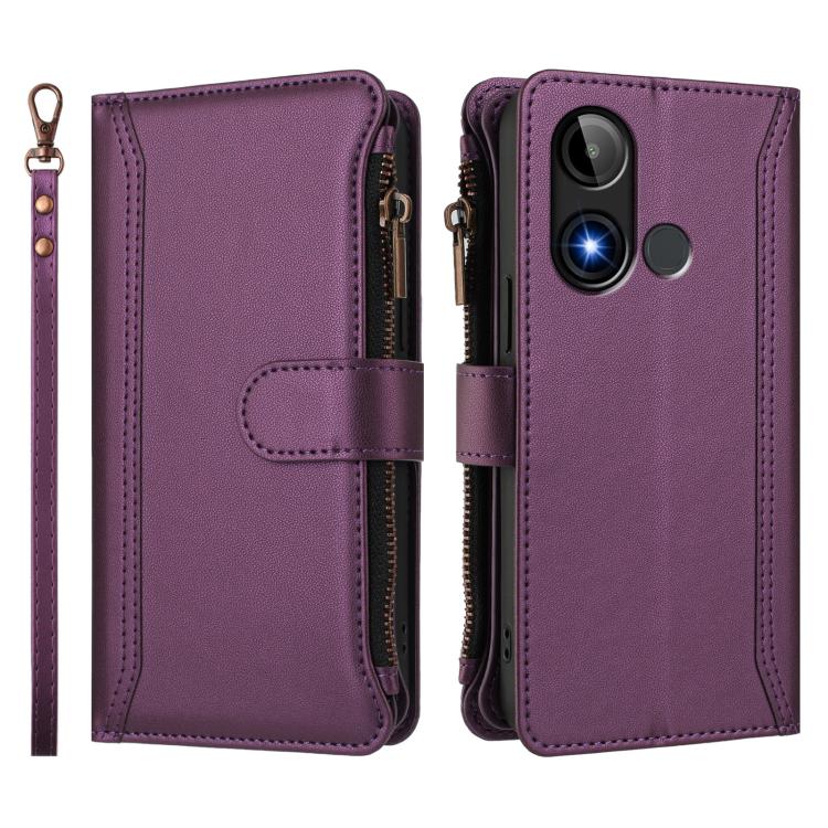 For BLU C9 Magnetic Closure 9 Card Slots Zipper Leather Case with Hand Strap