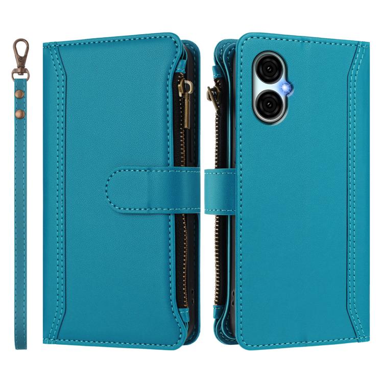 For BLU G53 Magnetic Closure 9 Card Slots Zipper Leather Case with Hand Strap