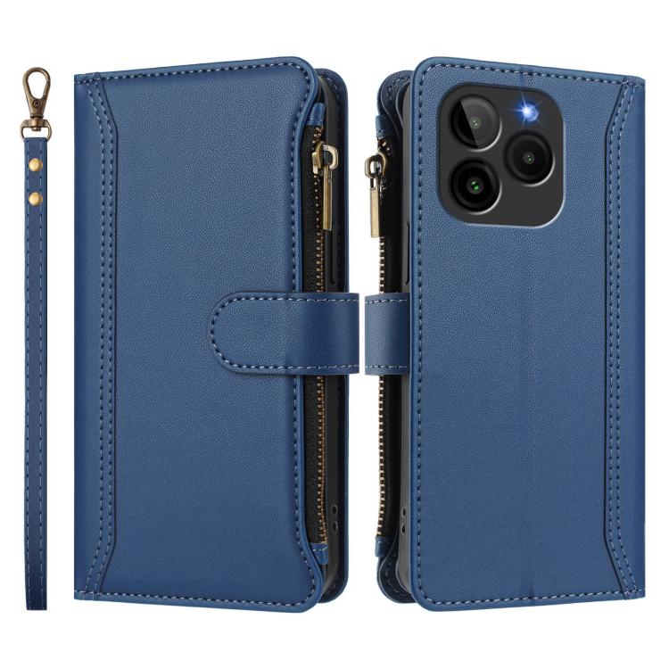 For BLU G54 Magnetic Closure 9 Card Slots Zipper Leather Case with Hand Strap