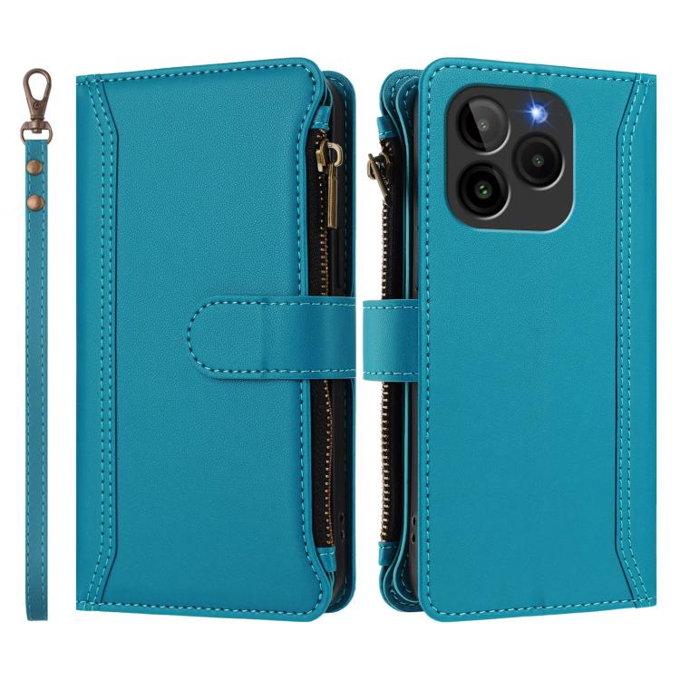 For BLU G54 Magnetic Closure 9 Card Slots Zipper Leather Case with Hand Strap