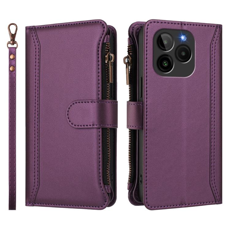 For BLU G54 Magnetic Closure 9 Card Slots Zipper Leather Case with Hand Strap