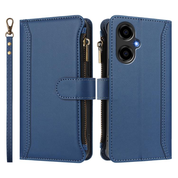 For BLU G64 Magnetic Closure 9 Card Slots Zipper Leather Case with Hand Strap