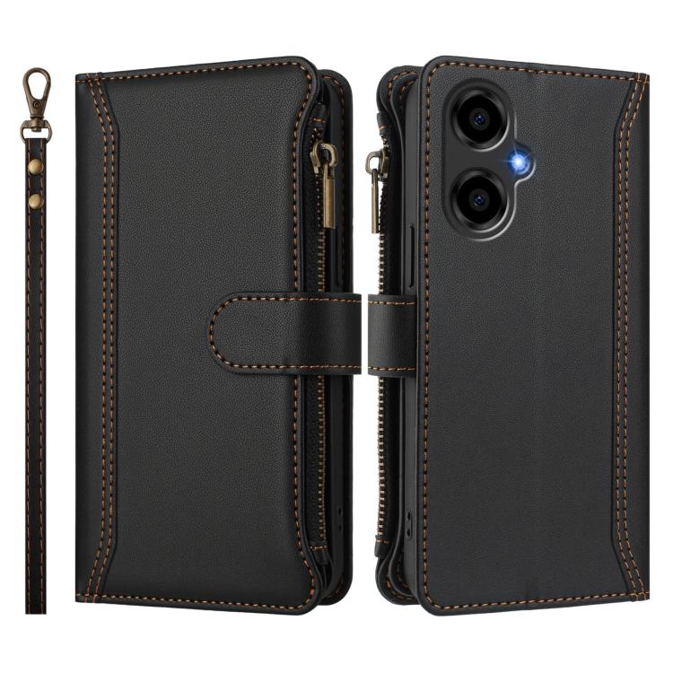 For BLU G64 Magnetic Closure 9 Card Slots Zipper Leather Case with Hand Strap