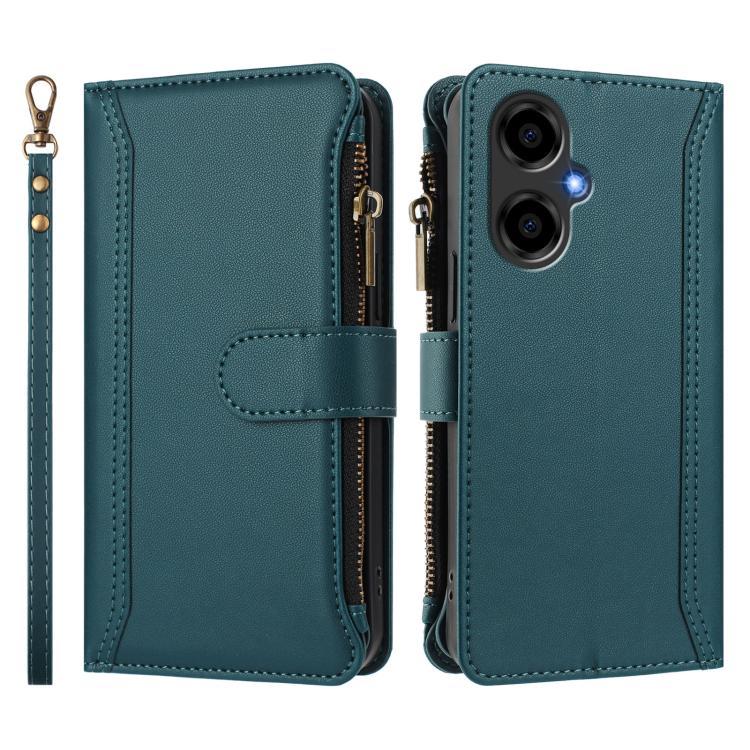 For BLU G64 Magnetic Closure 9 Card Slots Zipper Leather Case with Hand Strap