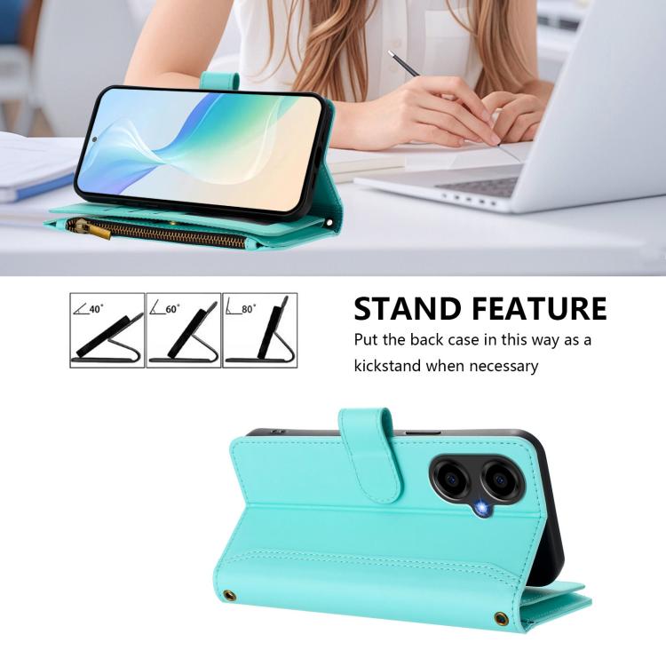 For BLU G64 Magnetic Closure 9 Card Slots Zipper Leather Case with Hand Strap