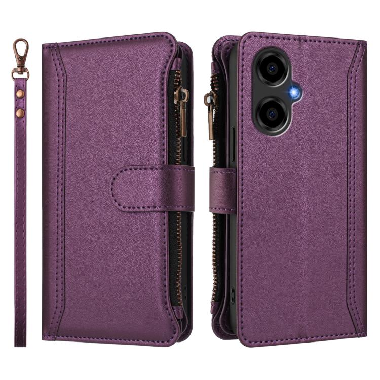 For BLU G64 Magnetic Closure 9 Card Slots Zipper Leather Case with Hand Strap