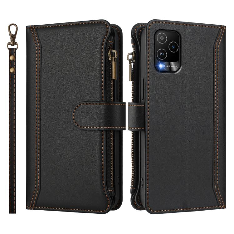 For BLU View 5 Pro Magnetic Closure 9 Card Slots Zipper Leather Case with Hand Strap