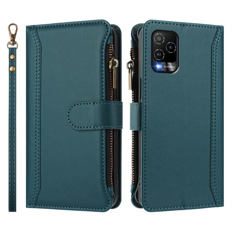 For BLU View 5 Pro Magnetic Closure 9 Card Slots Zipper Leather Case with Hand Strap