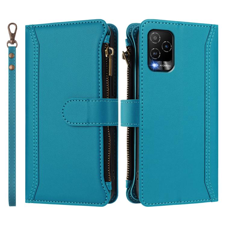 For BLU View 5 Pro Magnetic Closure 9 Card Slots Zipper Leather Case with Hand Strap