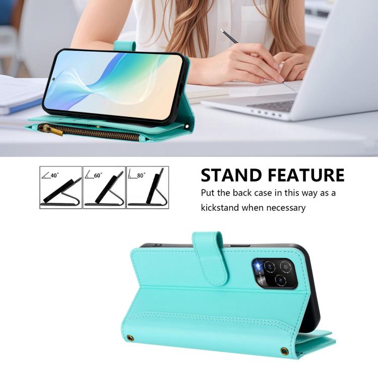 For BLU View 5 Pro Magnetic Closure 9 Card Slots Zipper Leather Case with Hand Strap