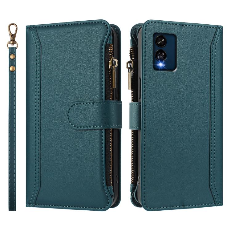 For BLU View Speed 5G Magnetic Closure 9 Card Slots Zipper Leather Case with Hand Strap