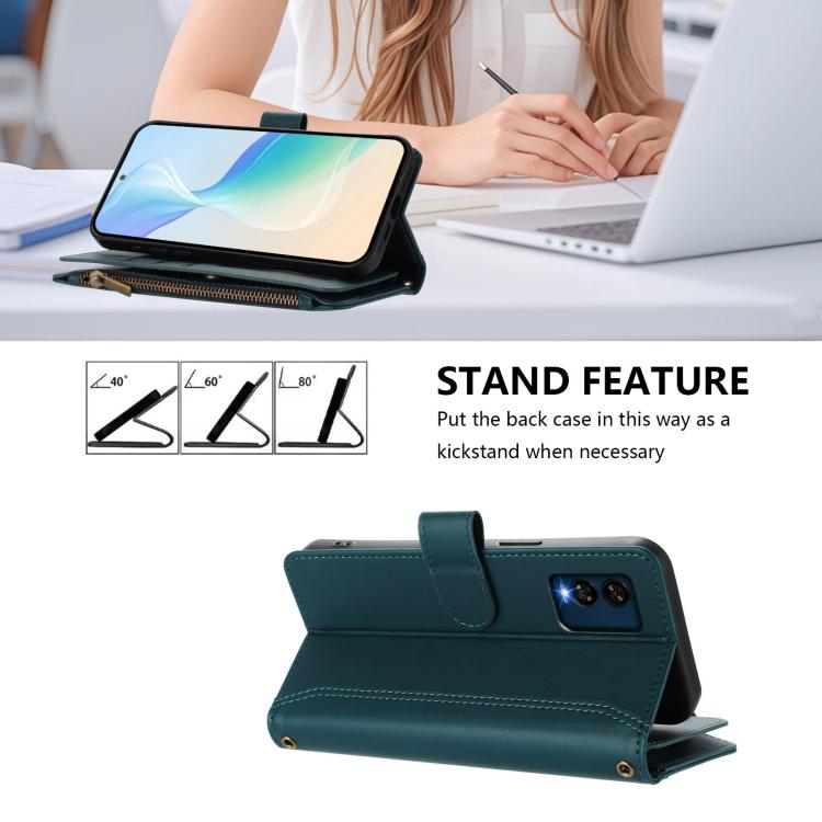 For BLU View Speed 5G Magnetic Closure 9 Card Slots Zipper Leather Case with Hand Strap