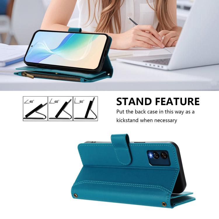 For BLU View Speed 5G Magnetic Closure 9 Card Slots Zipper Leather Case with Hand Strap