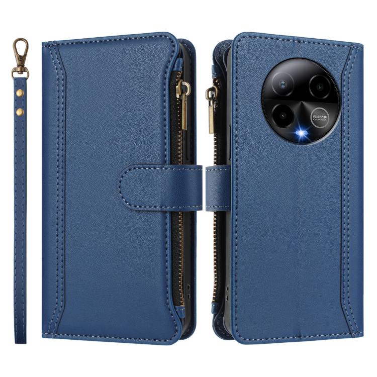 For BLU Bold K50 Magnetic Closure 9 Card Slots Zipper Leather Case with Hand Strap