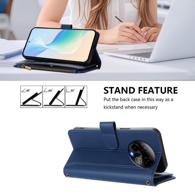 For BLU Bold K50 Magnetic Closure 9 Card Slots Zipper Leather Case with Hand Strap