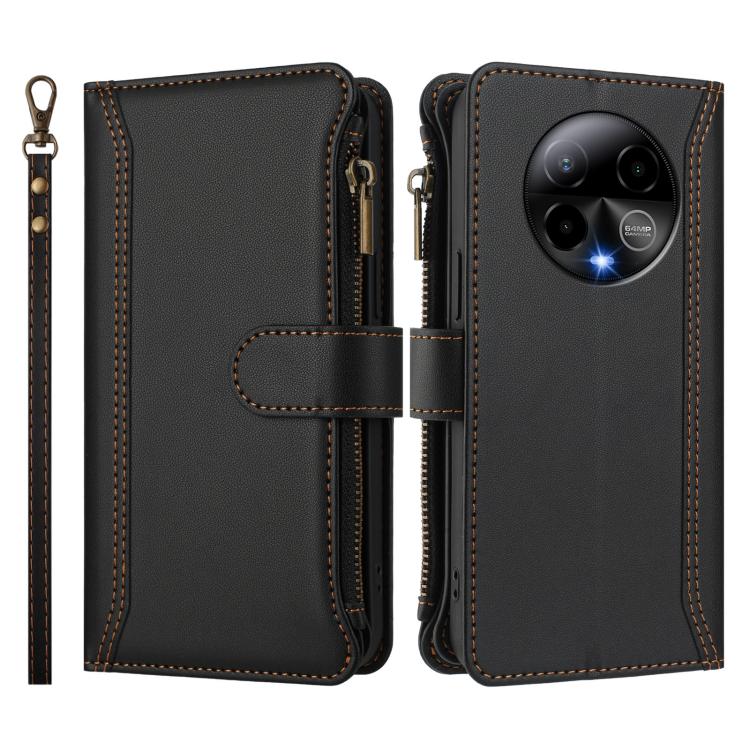 For BLU Bold K50 Magnetic Closure 9 Card Slots Zipper Leather Case with Hand Strap