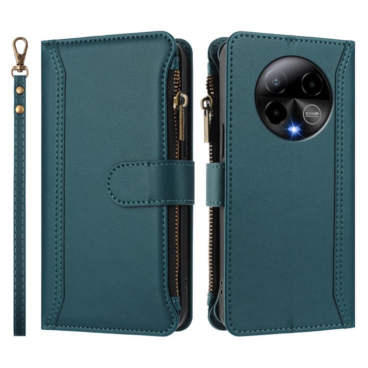 For BLU Bold K50 Magnetic Closure 9 Card Slots Zipper Leather Case with Hand Strap
