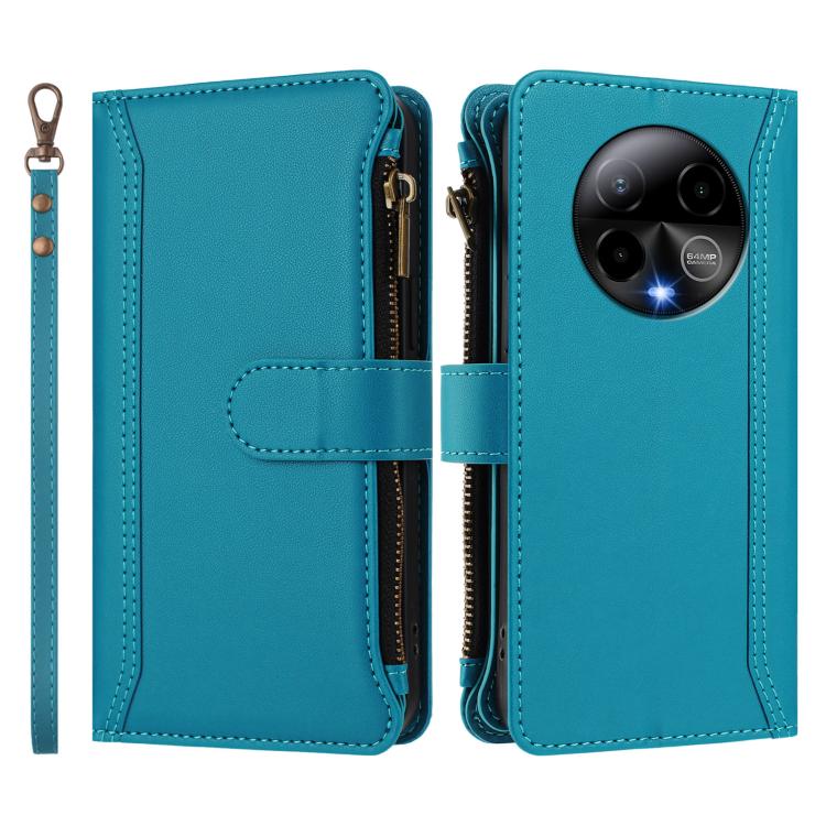 For BLU Bold K50 Magnetic Closure 9 Card Slots Zipper Leather Case with Hand Strap