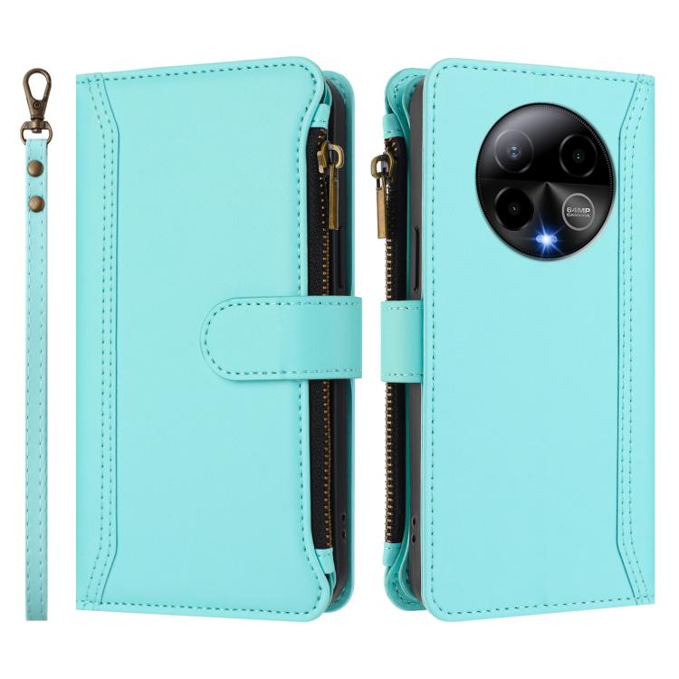 For BLU Bold K50 Magnetic Closure 9 Card Slots Zipper Leather Case with Hand Strap